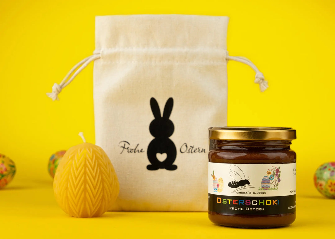 Kleine Ostergeschenk direkt vom Imker mit Honig und Osterkerze aus Bienenwachs