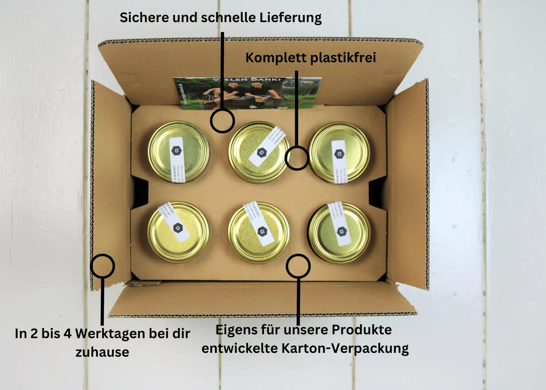 Sicherer und schneller Versand mit eigens für unsere Honiggläser entwickelter Versandkarton.
